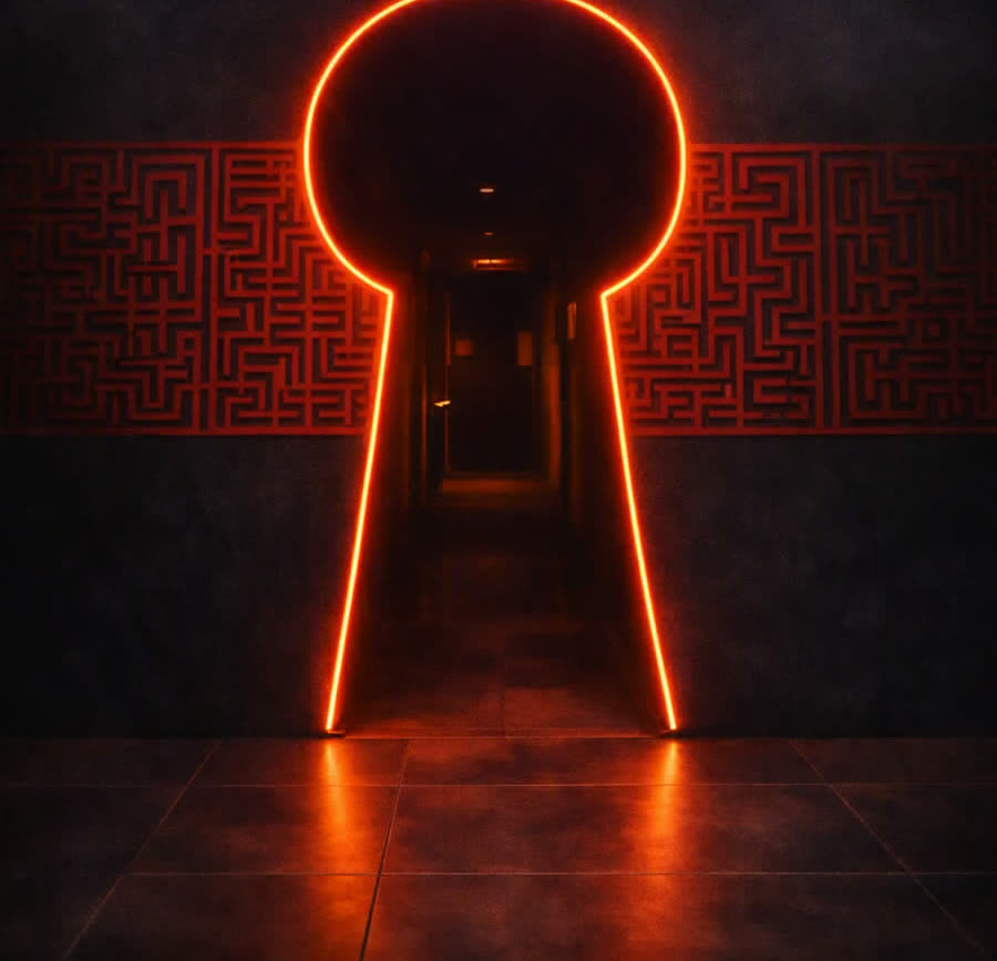 Cerradura de neón rojo al fondo de un pasillo en penumbra de Mr. Lock